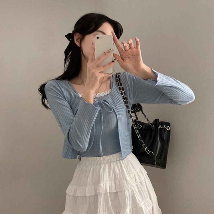 설렘가득 레이스 나시 리본 크롭 가디건 투피스 세트 소라