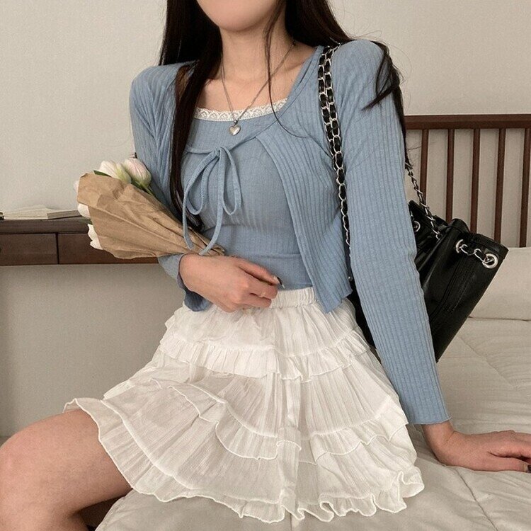 설렘가득 레이스 나시 리본 크롭 가디건 투피스 세트 소라