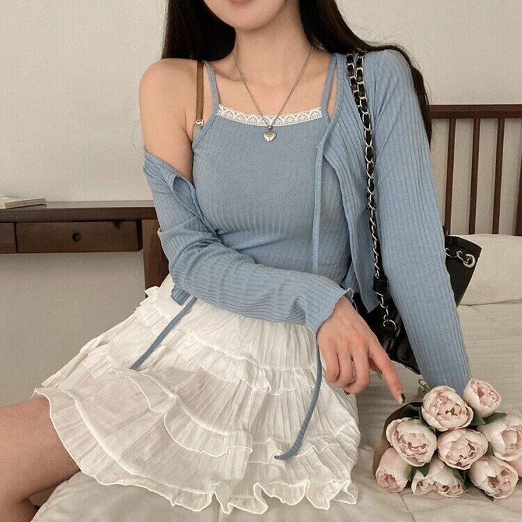설렘가득 레이스 나시 리본 크롭 가디건 투피스 세트 소라