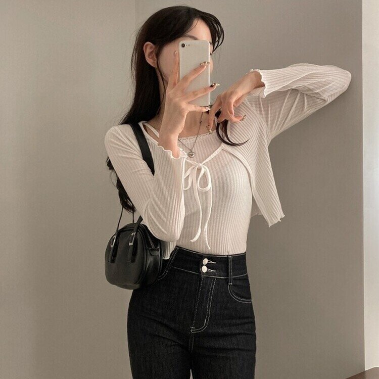 설렘가득 레이스 나시 리본 크롭 가디건 투피스 세트 아이보리