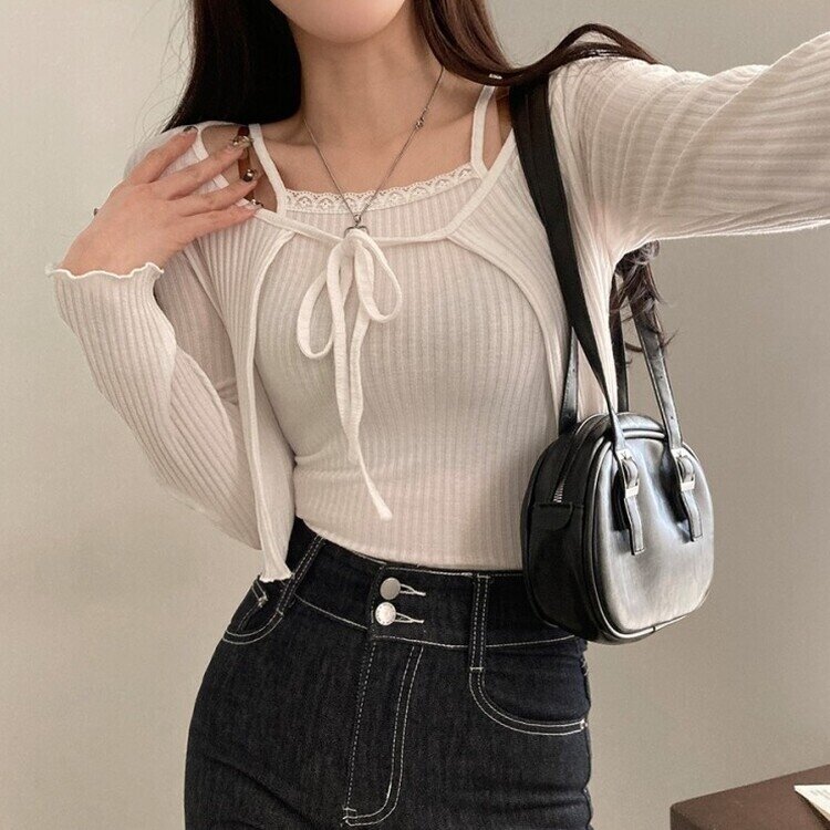 설렘가득 레이스 나시 리본 크롭 가디건 투피스 세트 아이보리