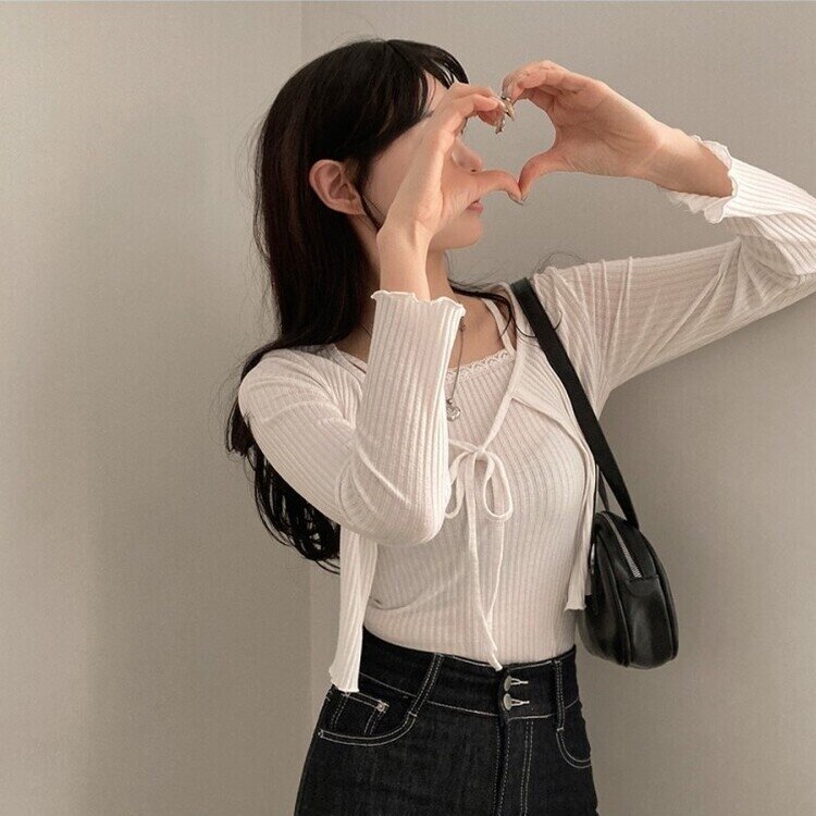 설렘가득 레이스 나시 리본 크롭 가디건 투피스 세트 아이보리