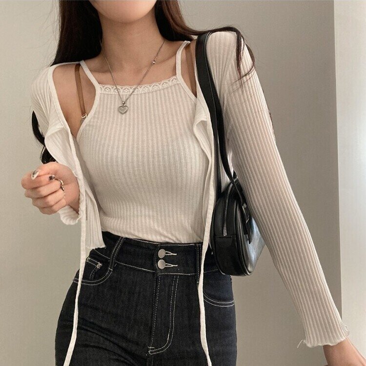 설렘가득 레이스 나시 리본 크롭 가디건 투피스 세트 아이보리