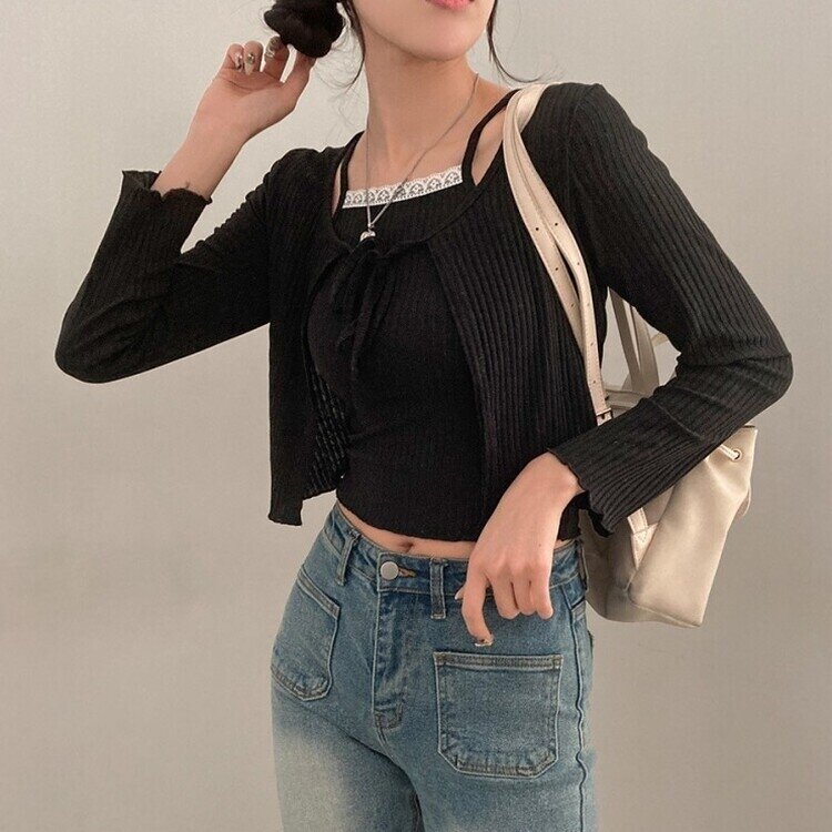 설렘가득 레이스 나시 리본 크롭 가디건 투피스 세트 블랙