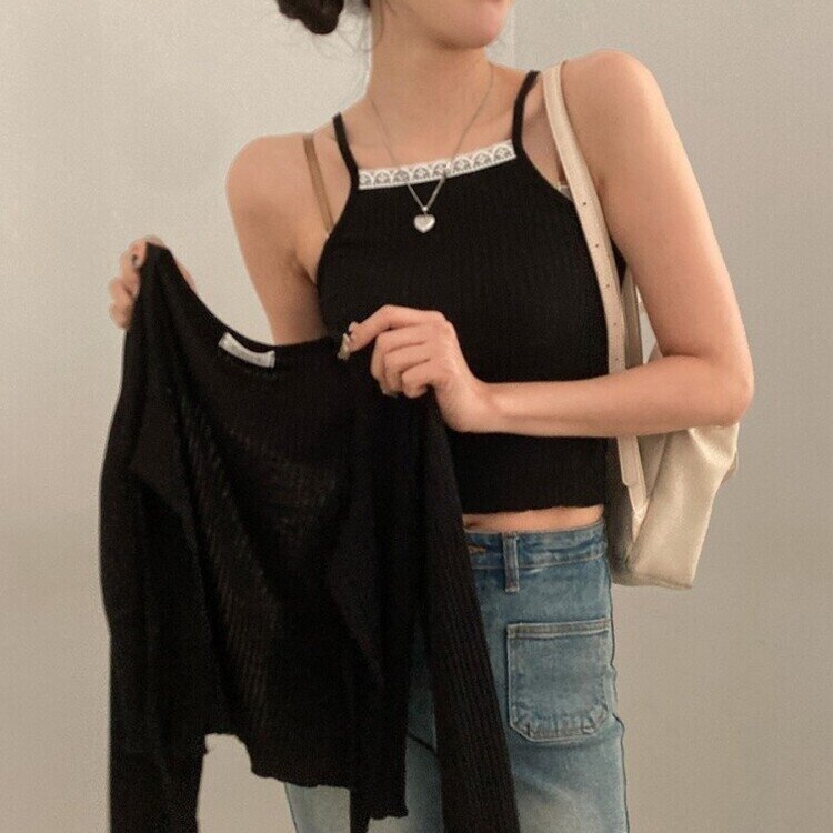 설렘가득 레이스 나시 리본 크롭 가디건 투피스 세트 블랙
