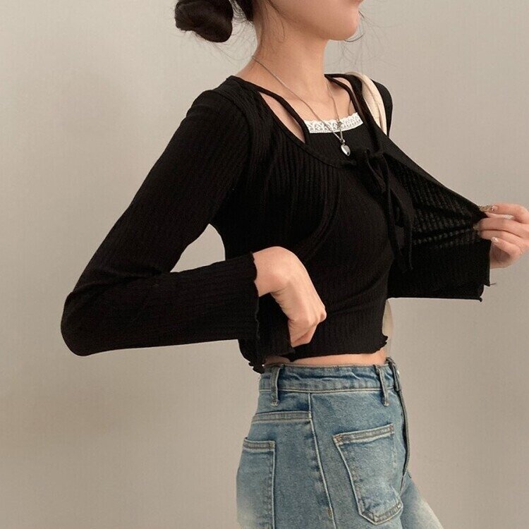 설렘가득 레이스 나시 리본 크롭 가디건 투피스 세트 블랙