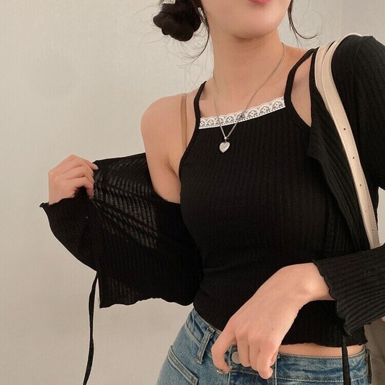 설렘가득 레이스 나시 리본 크롭 가디건 투피스 세트 블랙