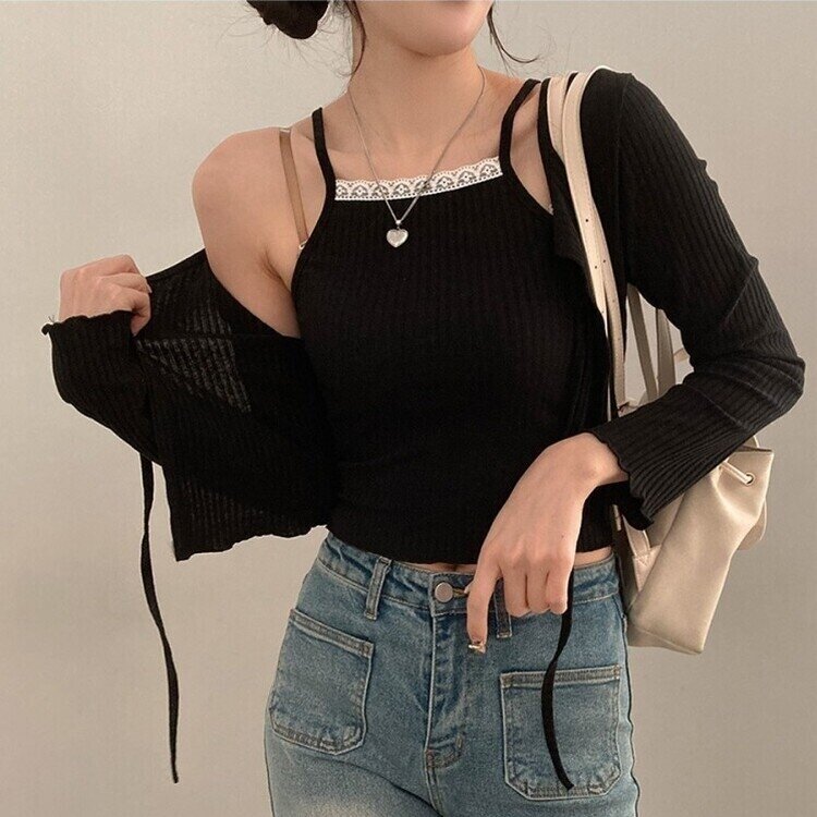 설렘가득 레이스 나시 리본 크롭 가디건 투피스 세트 블랙