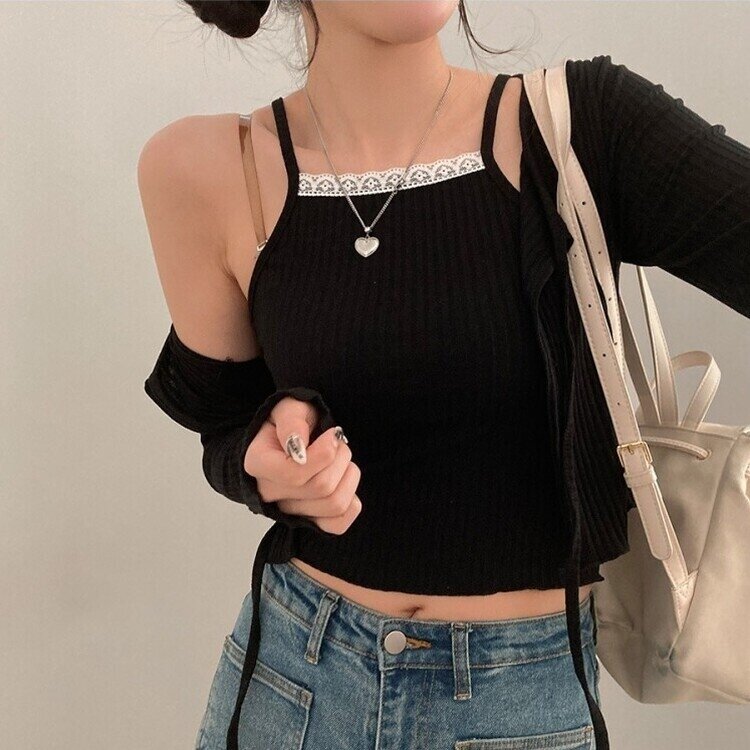 설렘가득 레이스 나시 리본 크롭 가디건 투피스 세트 블랙