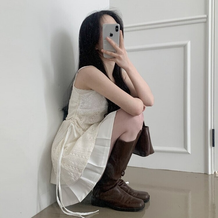 レースサイドシャーリングレイヤードビスチェワンピース BEIGE