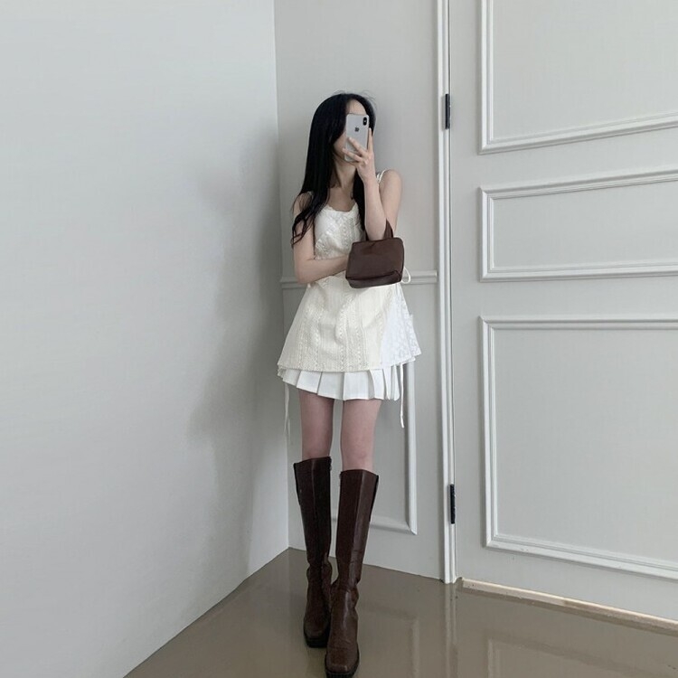 レースサイドシャーリングレイヤードビスチェワンピース BEIGE