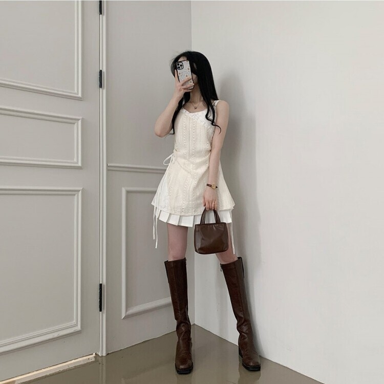 レースサイドシャーリングレイヤードビスチェワンピース BEIGE