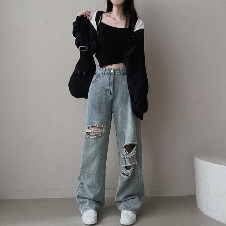 ダメージデニムワイドパンツ LIGHT DENIM