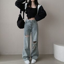 ダメージデニムワイドパンツ LIGHT DENIM