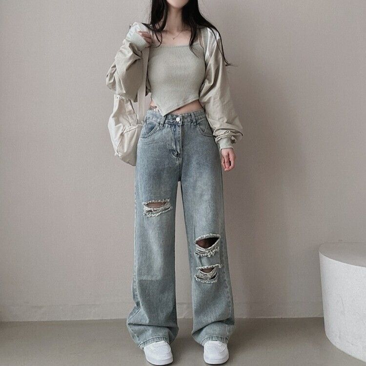 ダメージデニムワイドパンツ LIGHT DENIM