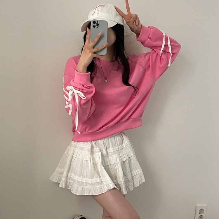 配色リボンラインクロップトレーナー｜スウェット｜韓国ファッション