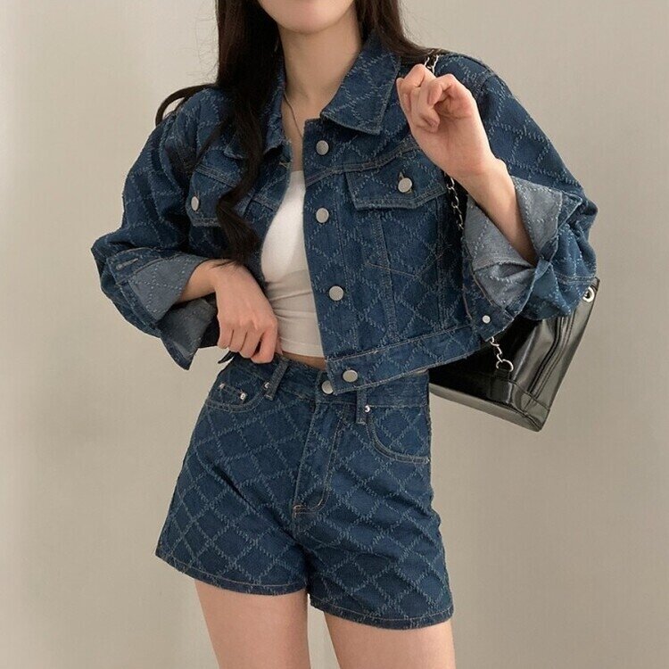 SOP21779 【SET】ダイヤチェッククロップデニムジャケット