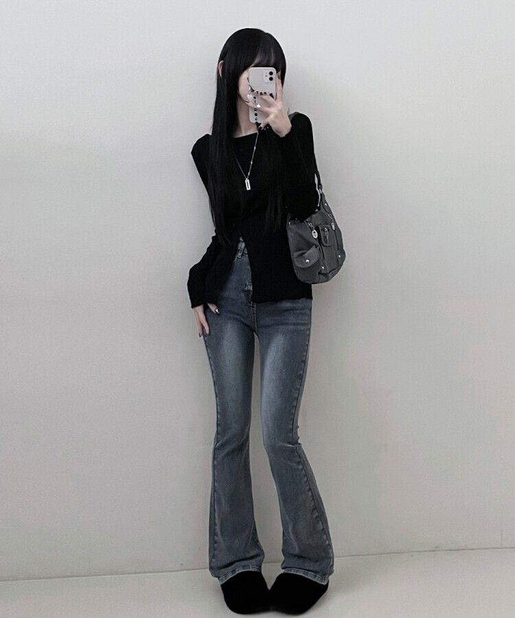 사이드버튼슬릿골지니트긴팔티 블랙