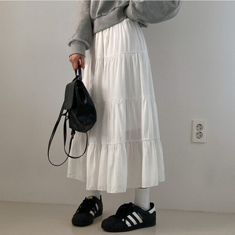 봄바람이 찰랑 캉캉 주름 롱 스커트 화이트
