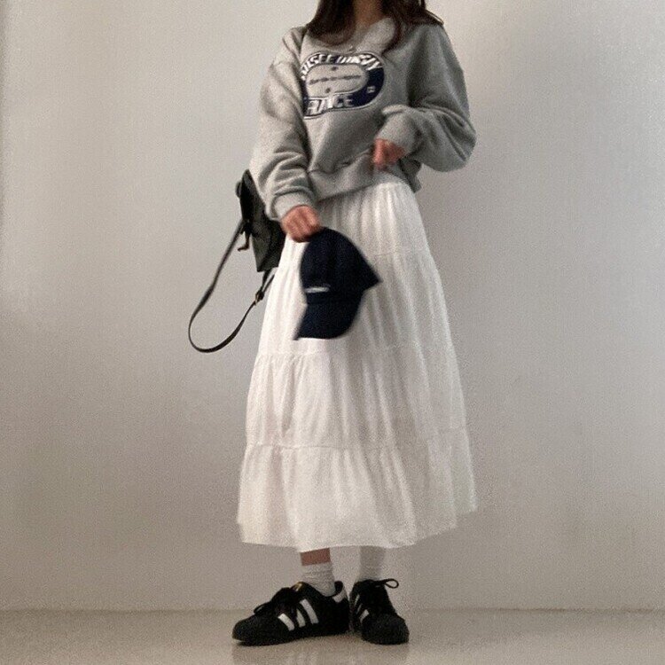 봄바람이 찰랑 캉캉 주름 롱 스커트 화이트