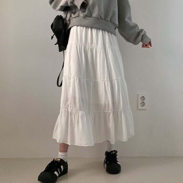 봄바람이 찰랑 캉캉 주름 롱 스커트 화이트