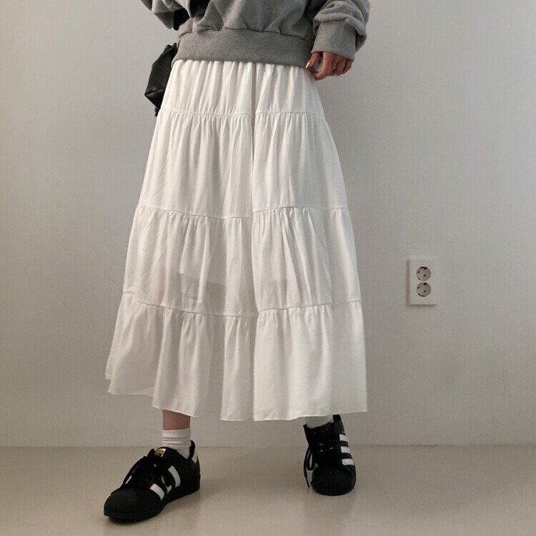 봄바람이 찰랑 캉캉 주름 롱 스커트 화이트