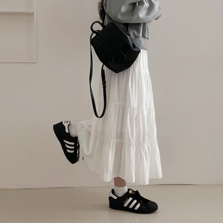 봄바람이 찰랑 캉캉 주름 롱 스커트 화이트