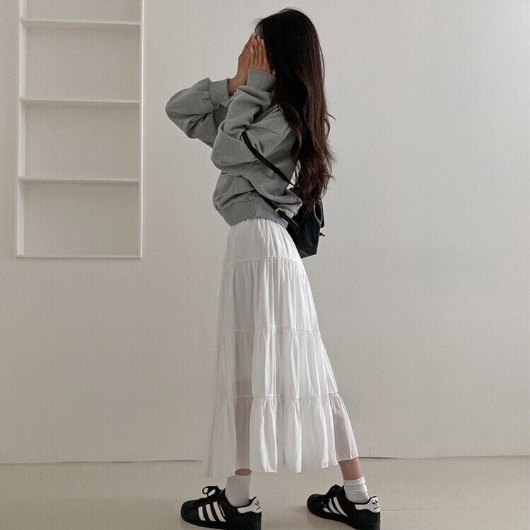 봄바람이 찰랑 캉캉 주름 롱 스커트 화이트