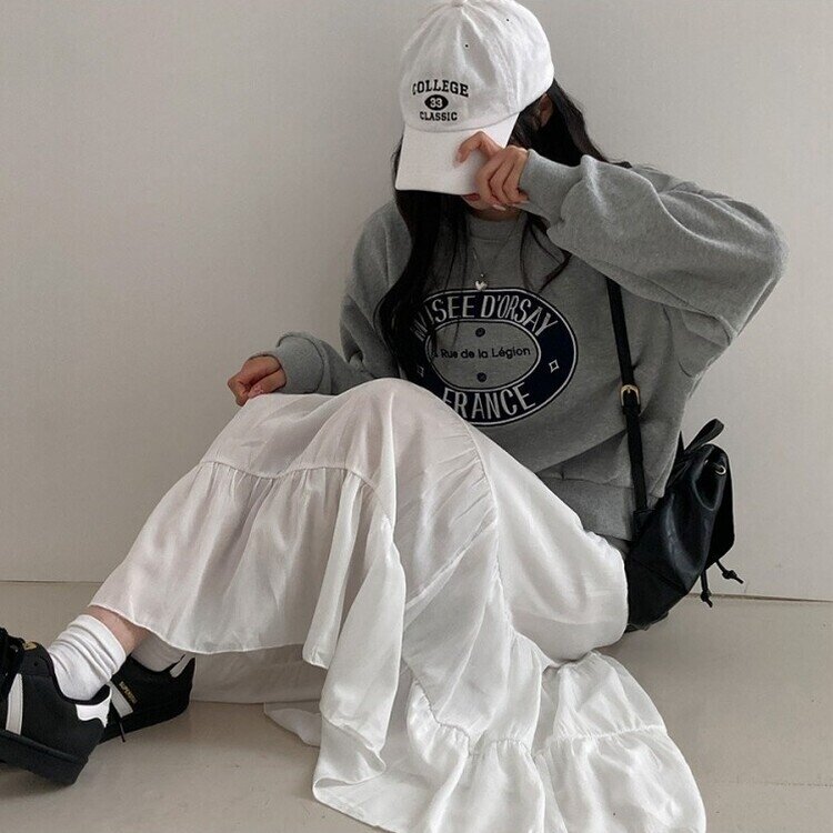 봄바람이 찰랑 캉캉 주름 롱 스커트 화이트