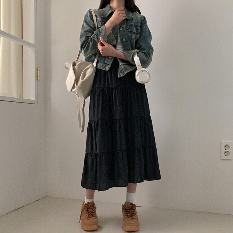 봄바람이 찰랑 캉캉 주름 롱 스커트 블랙