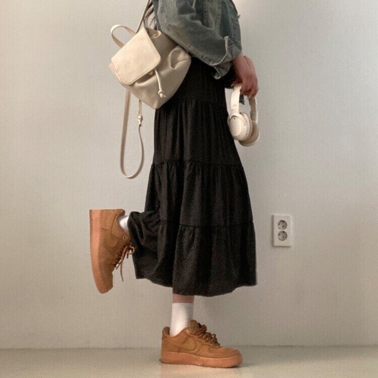 봄바람이 찰랑 캉캉 주름 롱 스커트 블랙