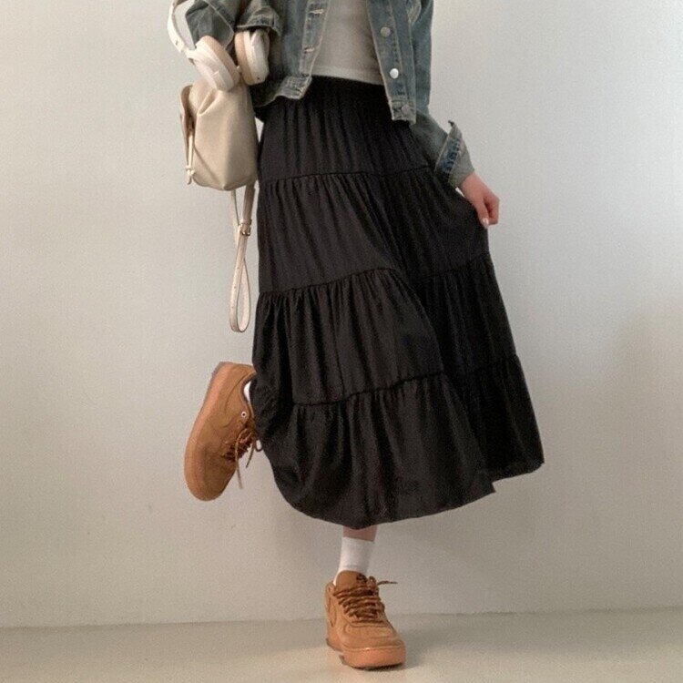 봄바람이 찰랑 캉캉 주름 롱 스커트 블랙