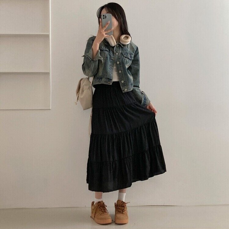 봄바람이 찰랑 캉캉 주름 롱 스커트 블랙