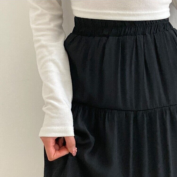 봄바람이 찰랑 캉캉 주름 롱 스커트 블랙