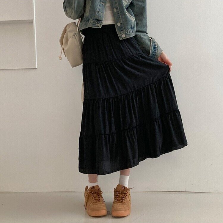 봄바람이 찰랑 캉캉 주름 롱 스커트 블랙