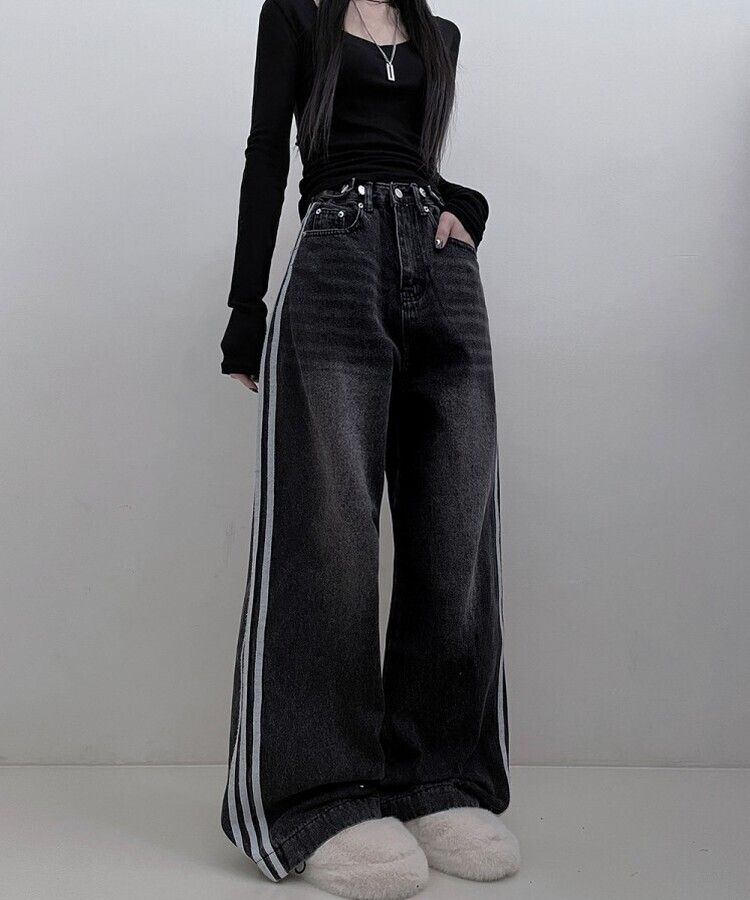 サイドトラックラインデニムワイドロングパンツ｜ワイド｜韓国
