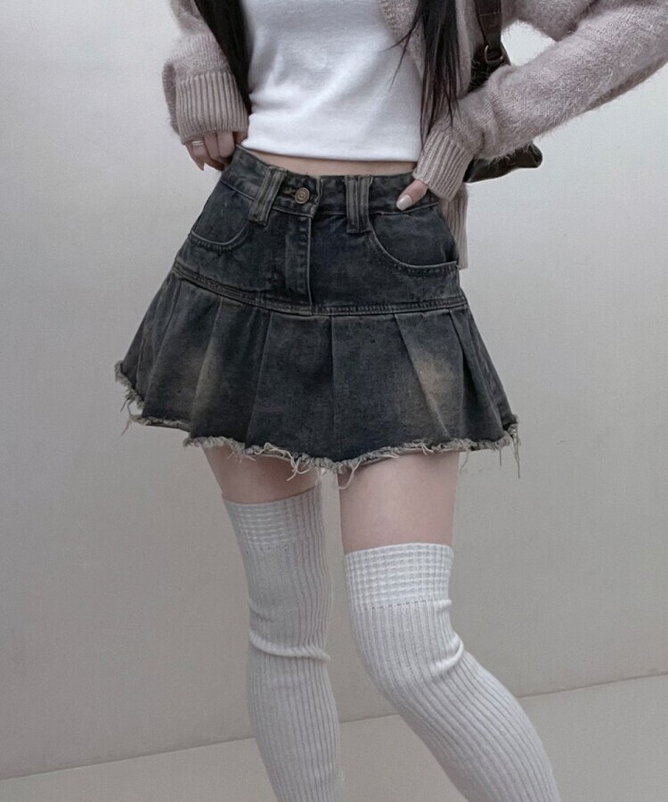 ダメージウォッシングプリーツデニムミニスカート｜ミニスカート｜韓国
