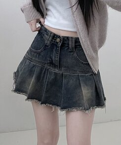 ダメージウォッシングプリーツデニムミニスカート｜ミニスカート｜韓国