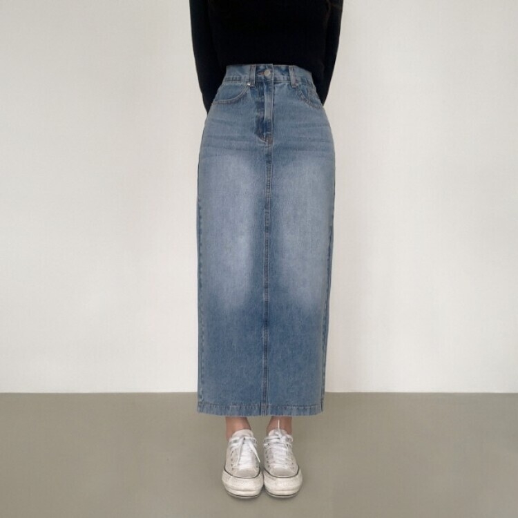 ブラシウォッシングバンディングジーンズスカート LIGHT BLUE