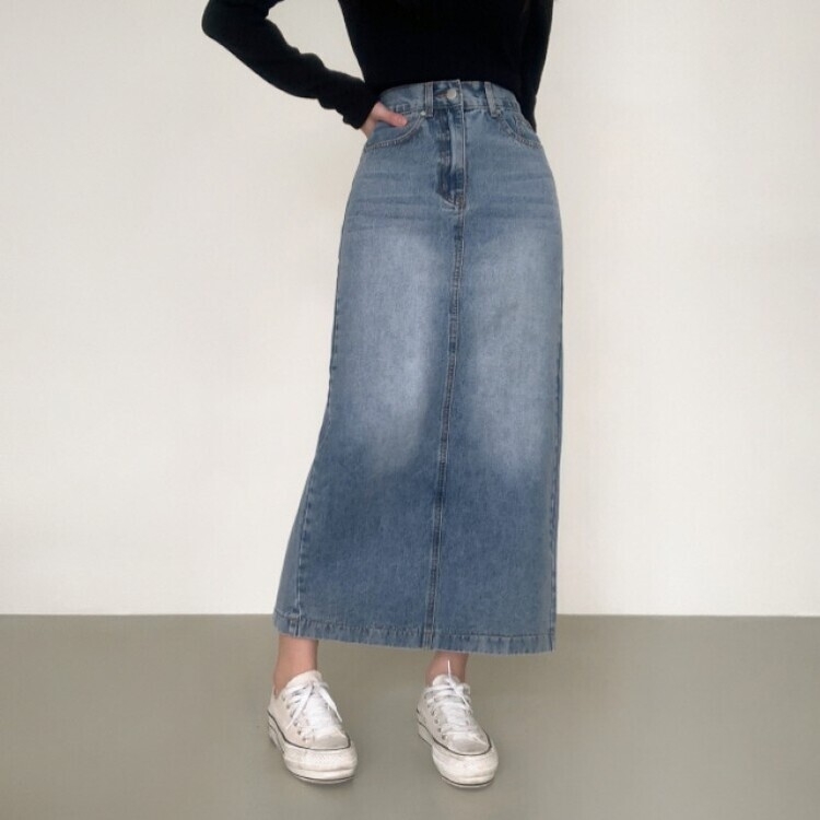 ブラシウォッシングバンディングジーンズスカート LIGHT BLUE