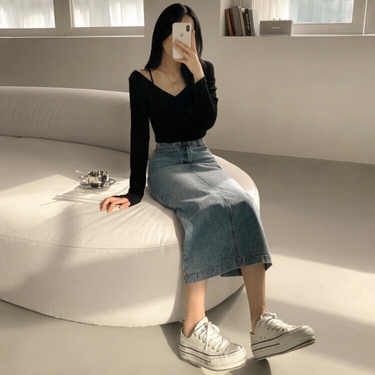 ブラシウォッシングバンディングジーンズスカート LIGHT BLUE