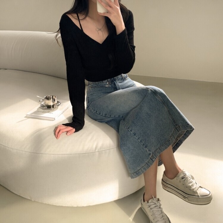 ブラシウォッシングバンディングジーンズスカート LIGHT BLUE