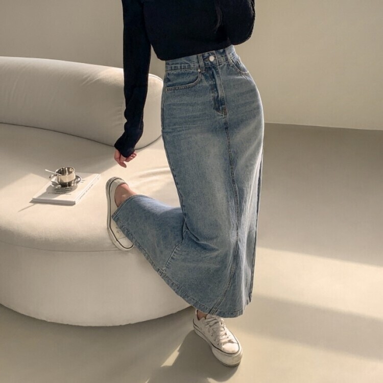 ブラシウォッシングバンディングジーンズスカート LIGHT BLUE