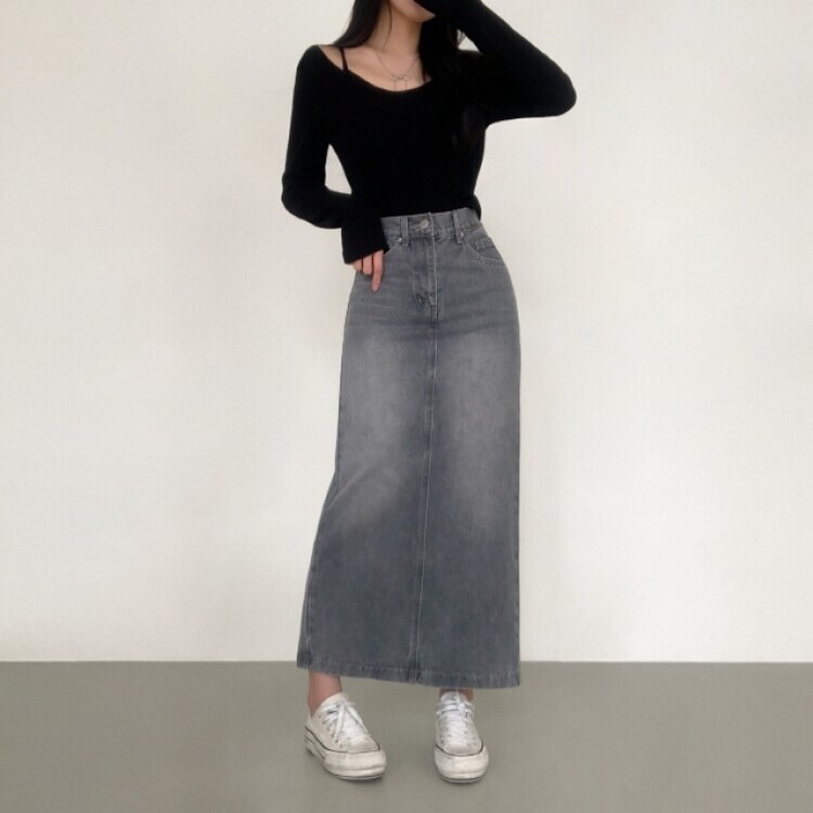 ブラシウォッシングバンディングジーンズスカート GRAY