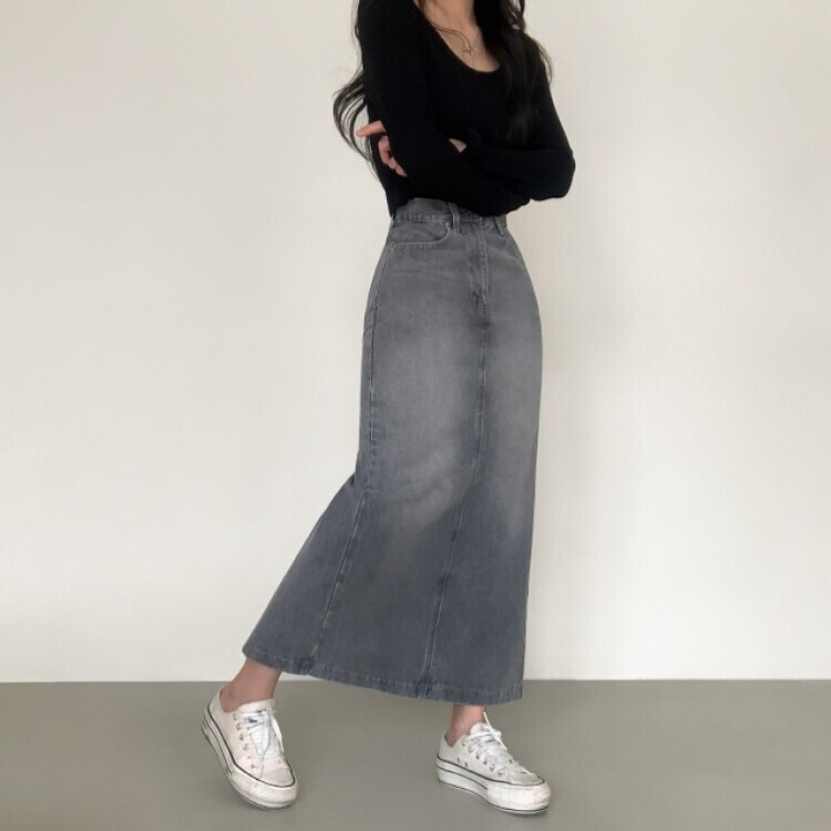 ブラシウォッシングバンディングジーンズスカート GRAY