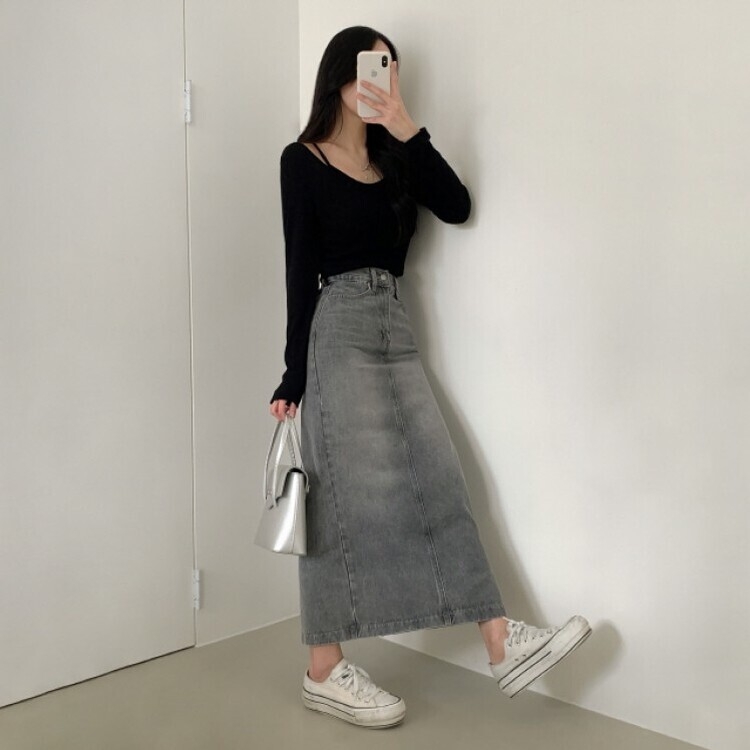 ブラシウォッシングバンディングジーンズスカート GRAY