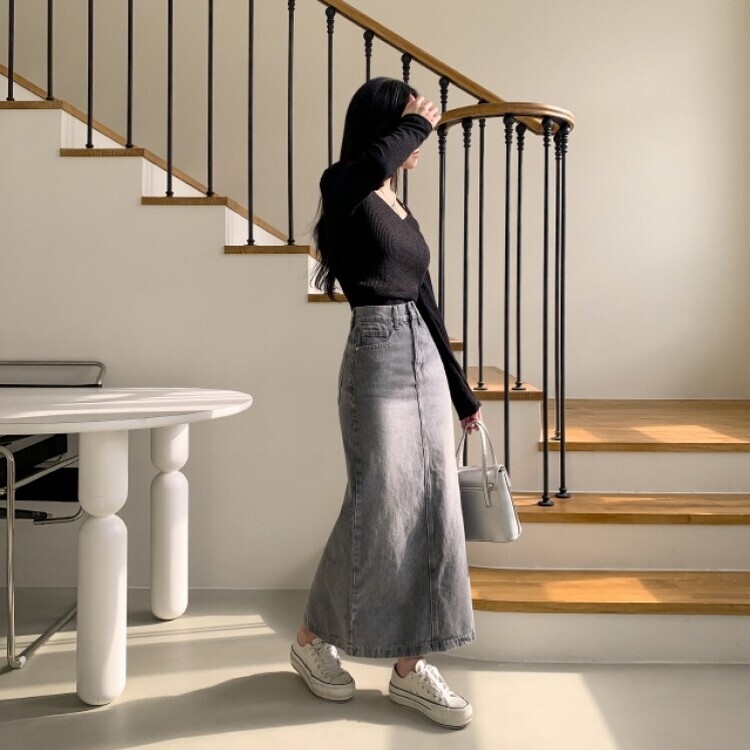 ブラシウォッシングバンディングジーンズスカート GRAY