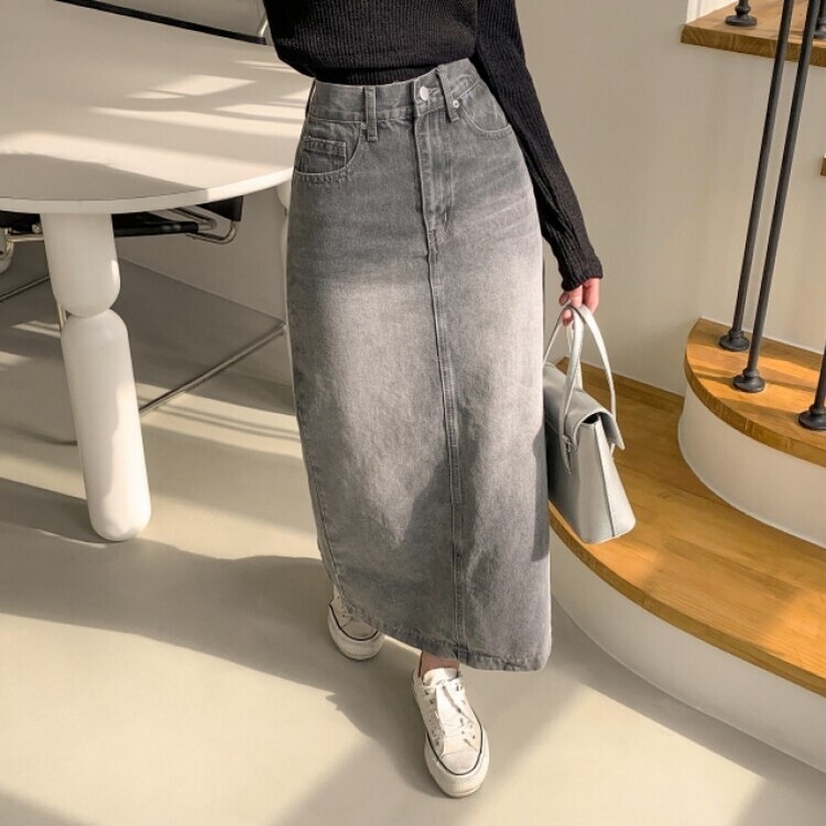ブラシウォッシングバンディングジーンズスカート GRAY