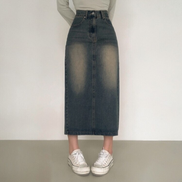 ブラシウォッシングバンディングジーンズスカート BLUE