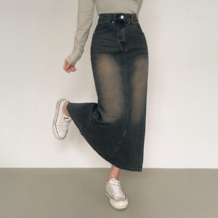 ブラシウォッシングバンディングジーンズスカート BLUE